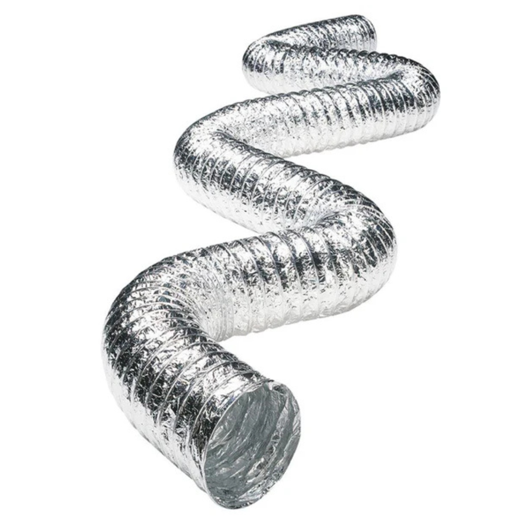 10m aluminium uninsulated flexible ducting. showing lightweight, corrugated metal for ventilation or HVAC use.